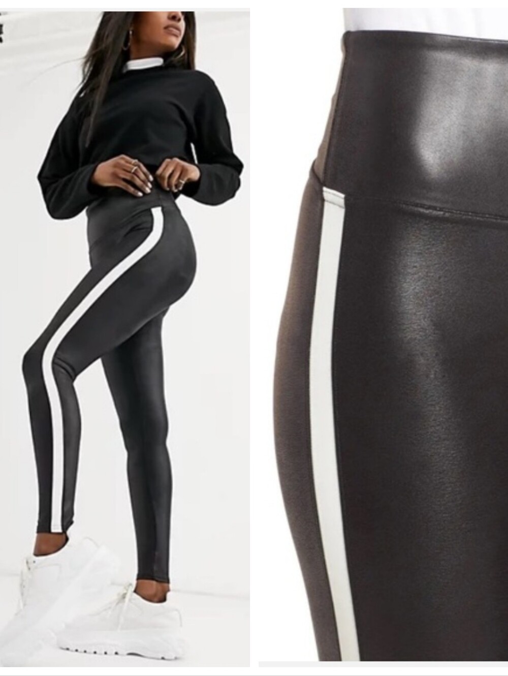SPANX Tuxedo Stripe  Faux Leather Leggings Tummy Control Women's Small Athletic